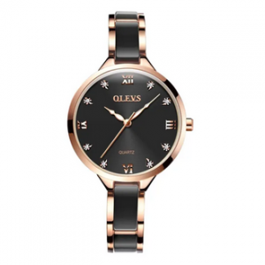 OLEVS 5872 Black And RoseGold Ceramic Steel Analog Watch For Women - RoseGold & Black